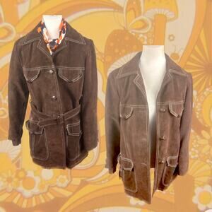Vintage Brown Suede Belted Blazer Jacket with Contrast Stitching